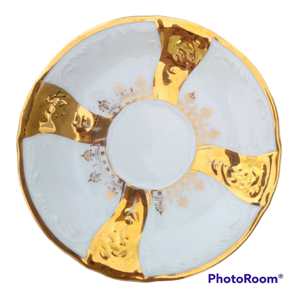 Vintage Bernadotte Gilded Set of 3 tea cups 2 soucer plates and one candy dish